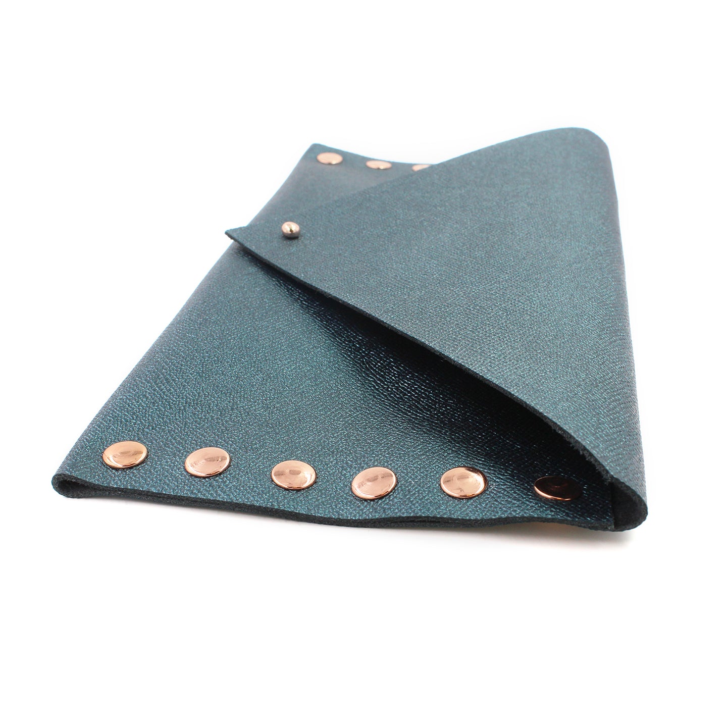 Shimmering Green/Blue Leather Clutch with Rose Gold Rivets - N.Kluger Designs clutch