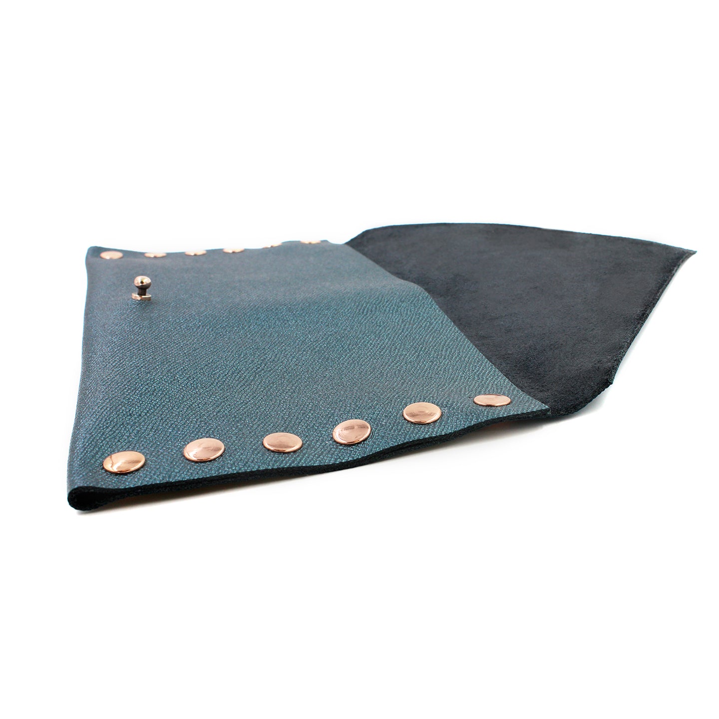 Shimmering Green/Blue Leather Clutch with Rose Gold Rivets - N.Kluger Designs clutch