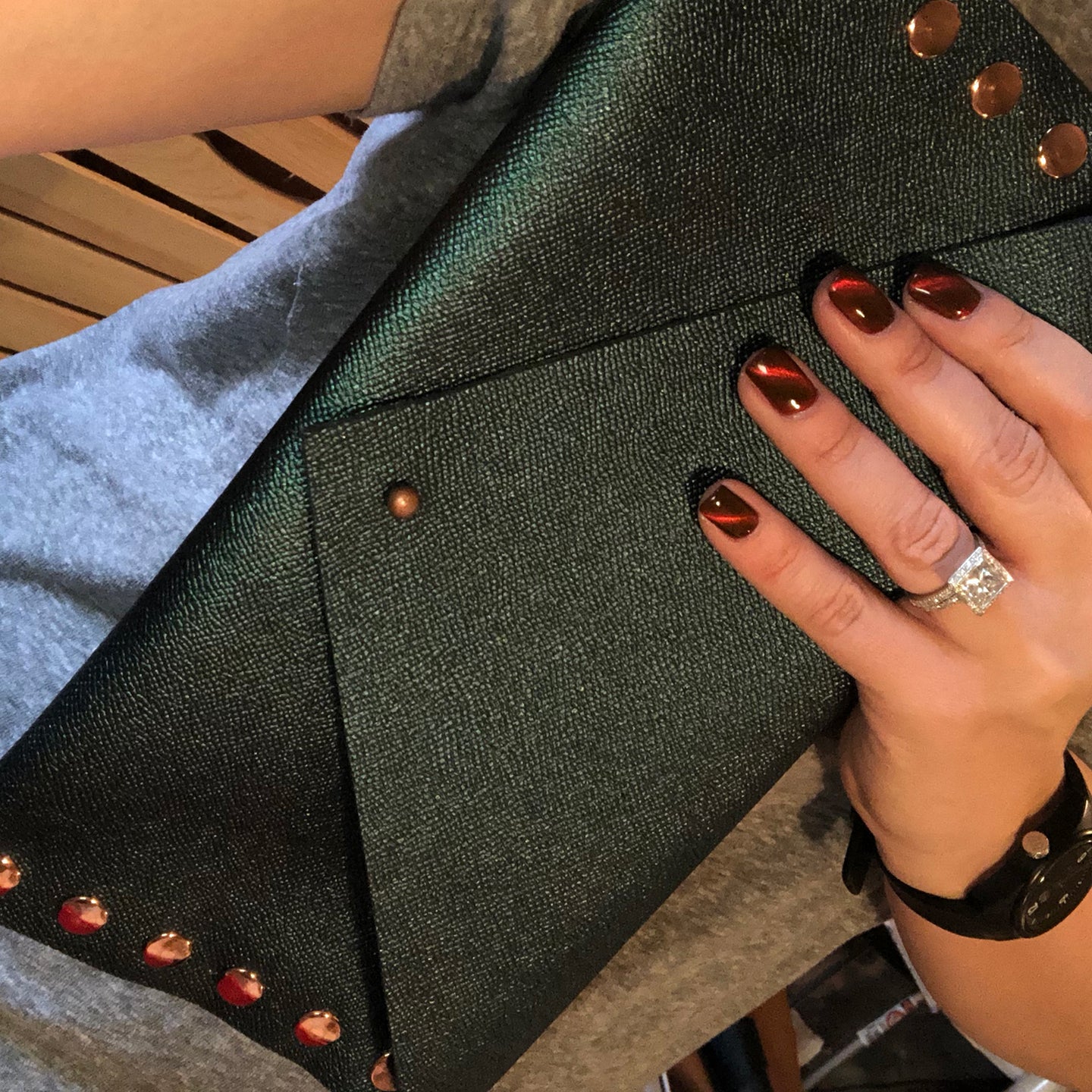 Shimmering Green/Blue Leather Clutch with Rose Gold Rivets - N.Kluger Designs clutch