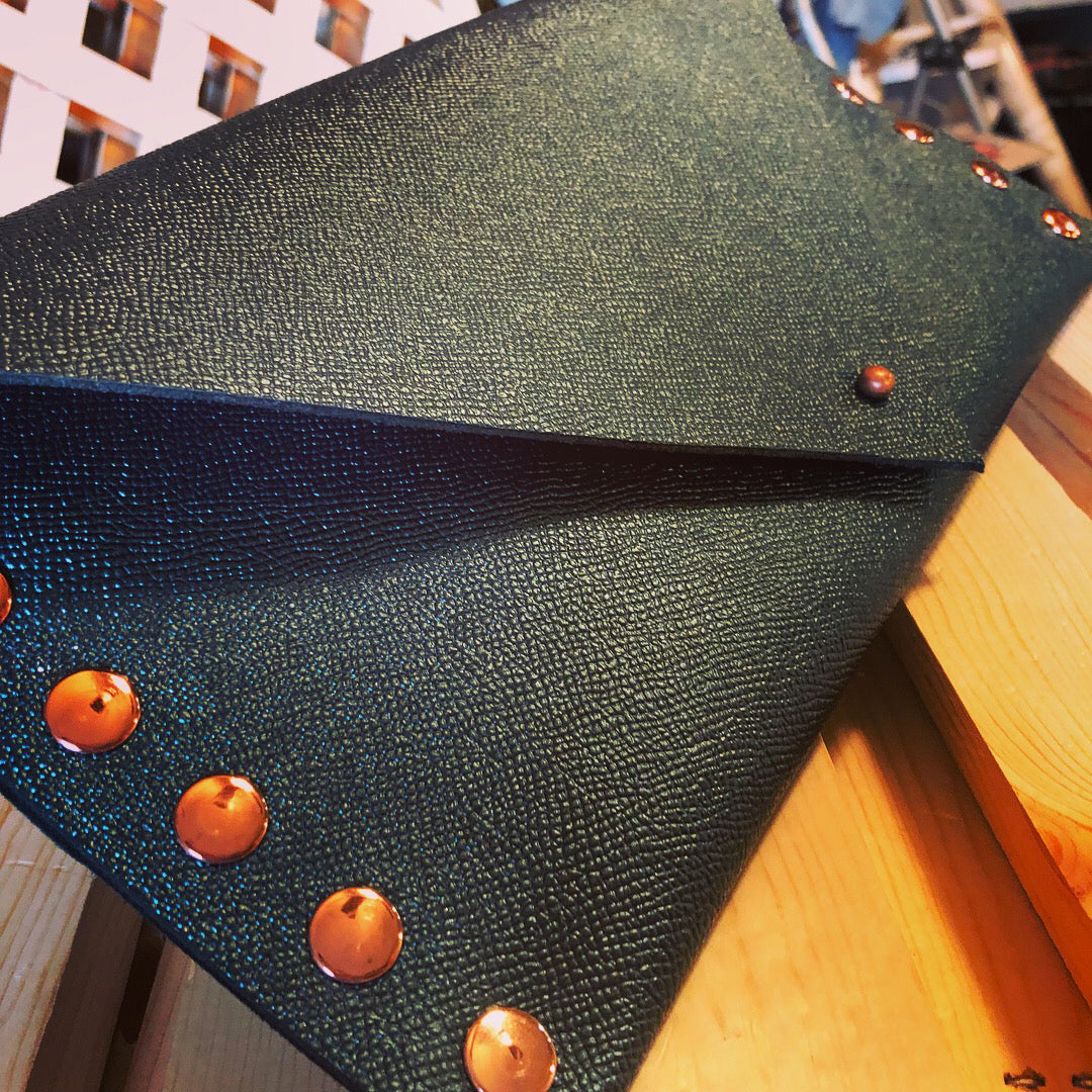 Shimmering Green/Blue Leather Clutch with Rose Gold Rivets - N.Kluger Designs clutch
