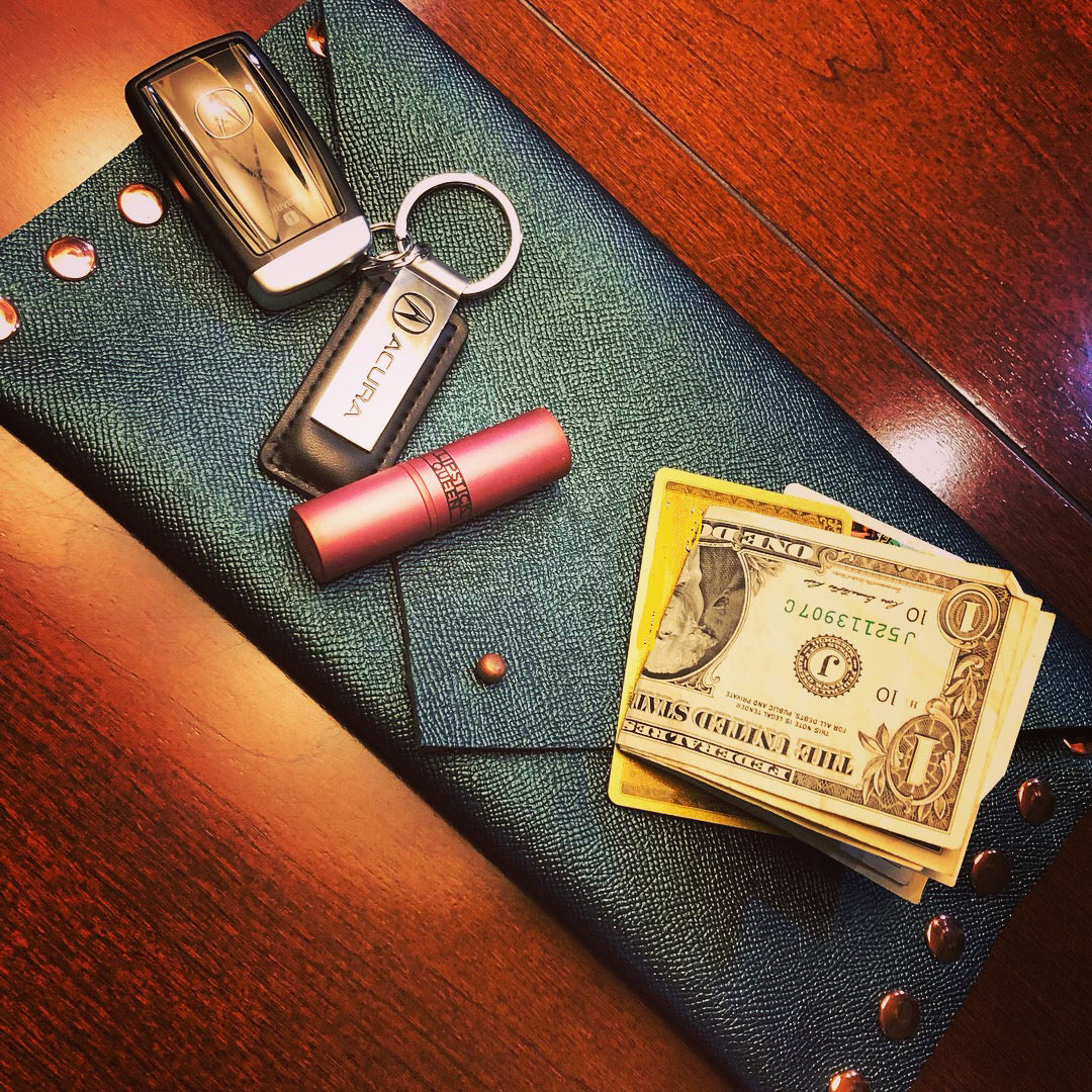 Shimmering Green/Blue Leather Clutch with Rose Gold Rivets - N.Kluger Designs clutch