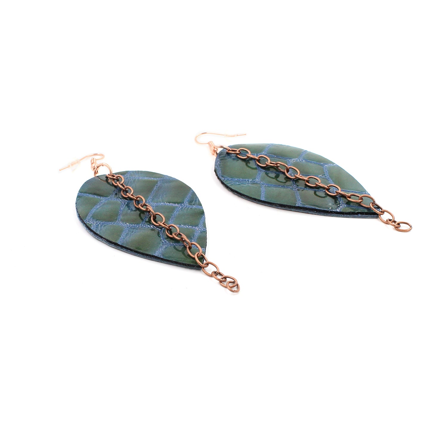 Crocodile Patent Leather Reverse Drop Earrings with Copper Chain