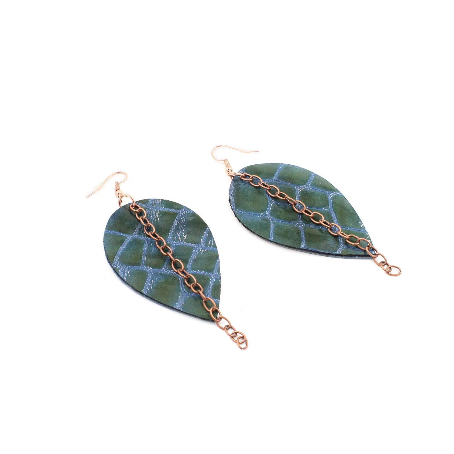 Crocodile Patent Leather Reverse Drop Earrings with Copper Chain