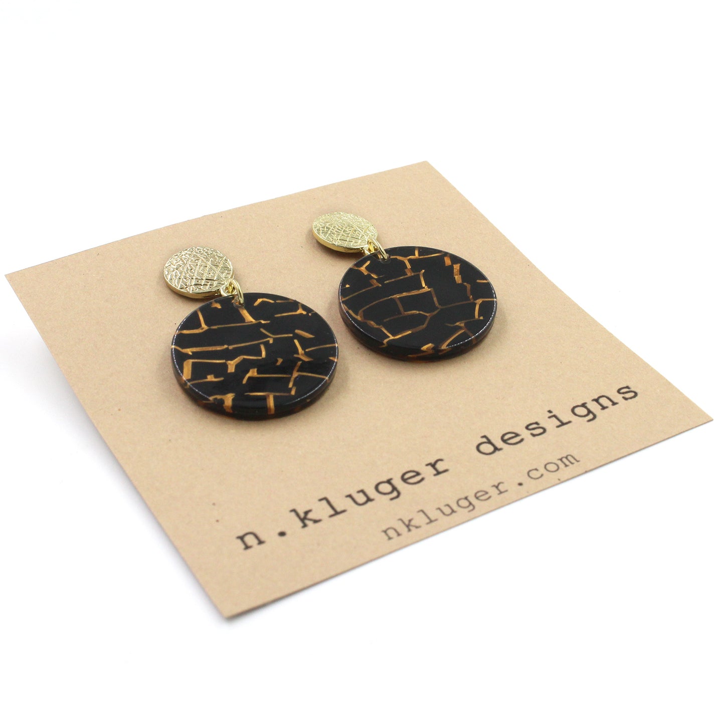 Gold & Black Mosaic Circle Acrylic Drop Earrings
