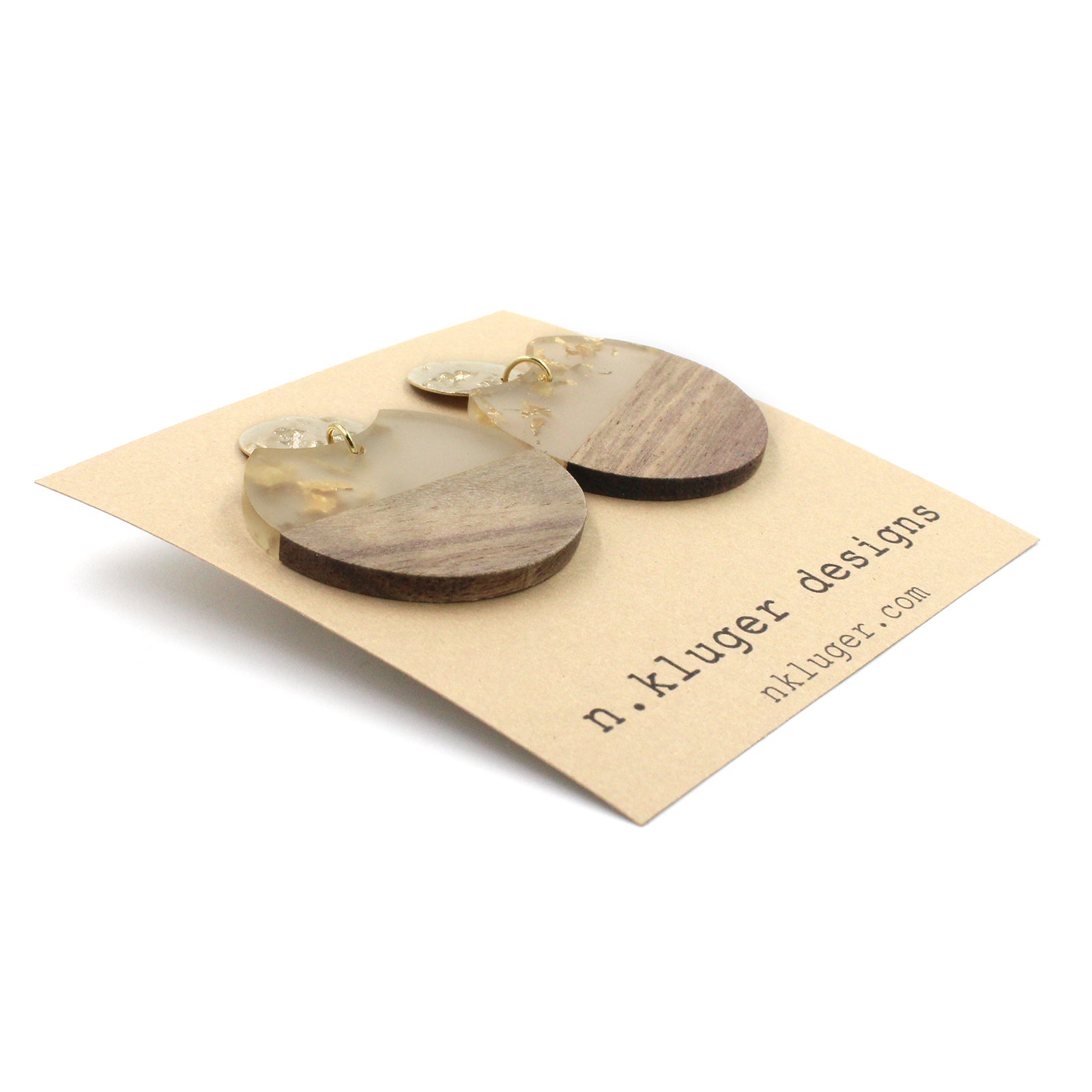 Gold Leaf & Wood Circle Cutout Acrylic Drop Earrings