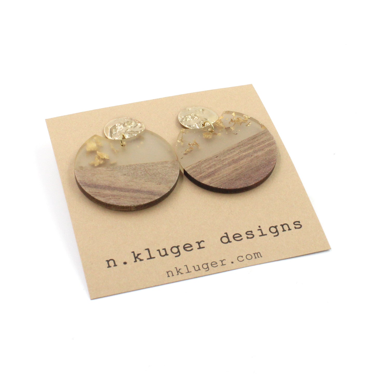 Gold Leaf & Wood Circle Cutout Acrylic Drop Earrings