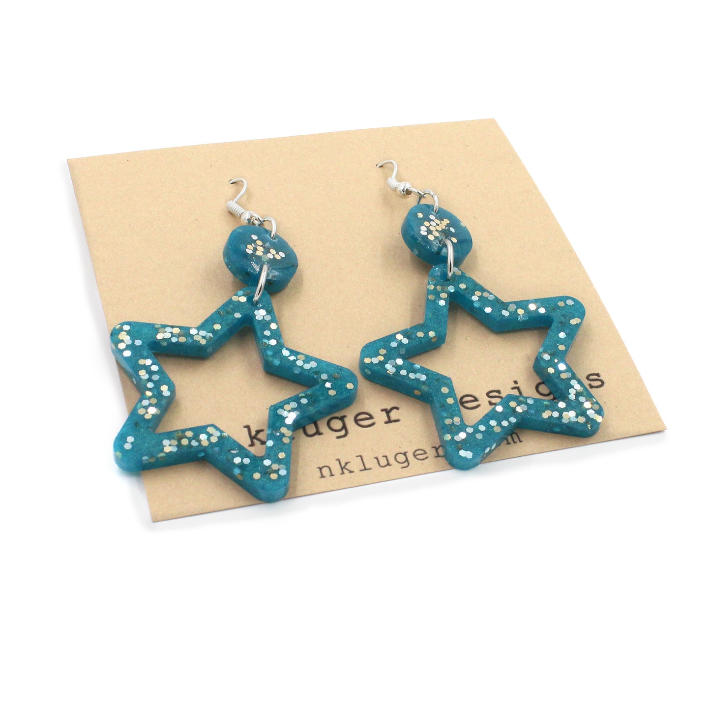 Teal Green Glitter Star Resin Dangling Earrings