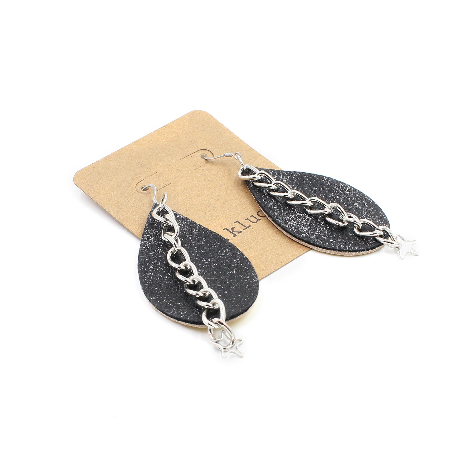 Sparkly Gunmetal Leather Drop Earrings with Chain & Stars