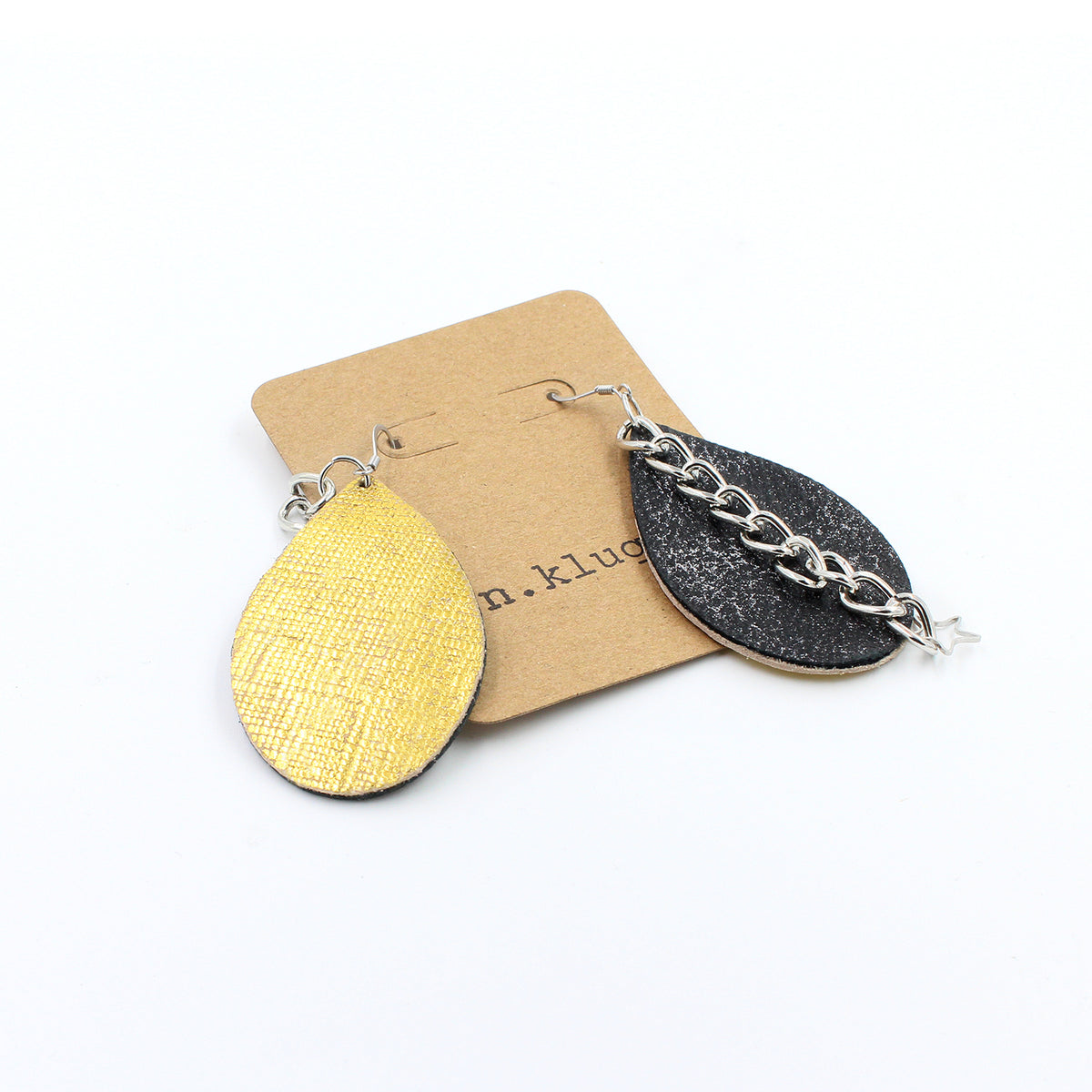 Sparkly Gunmetal Leather Drop Earrings with Chain & Stars