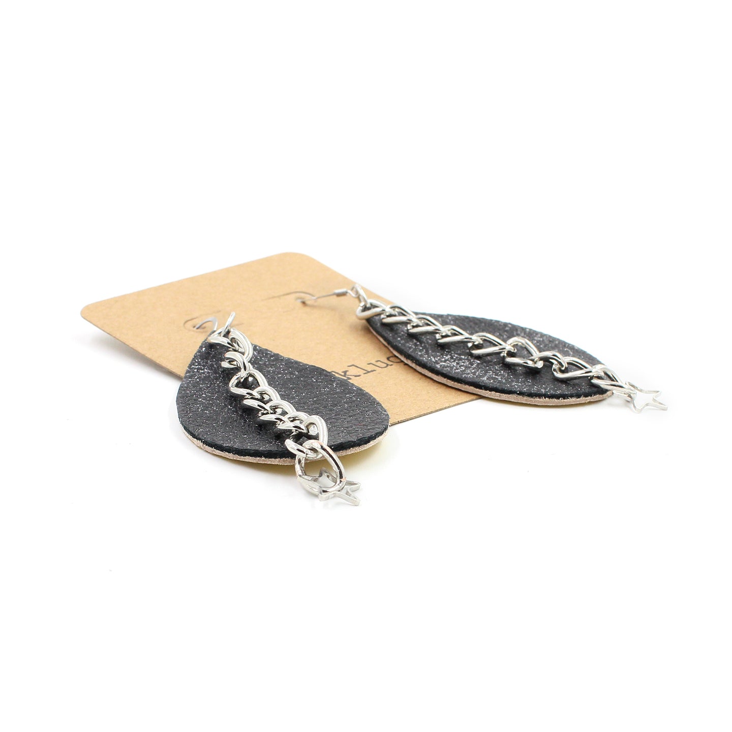 Sparkly Gunmetal Leather Drop Earrings with Chain & Stars