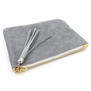 Distressed Grey Leather Cosmetic Bag/Clutch with Tassel - N.Kluger Designs clutch