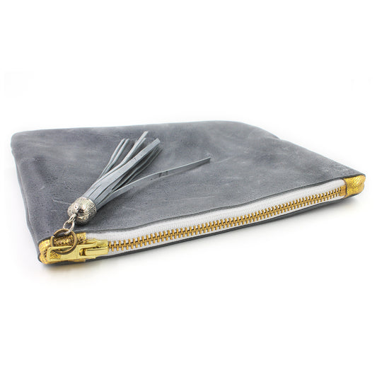 Distressed Grey Leather Cosmetic Bag/Clutch with Tassel - N.Kluger Designs clutch