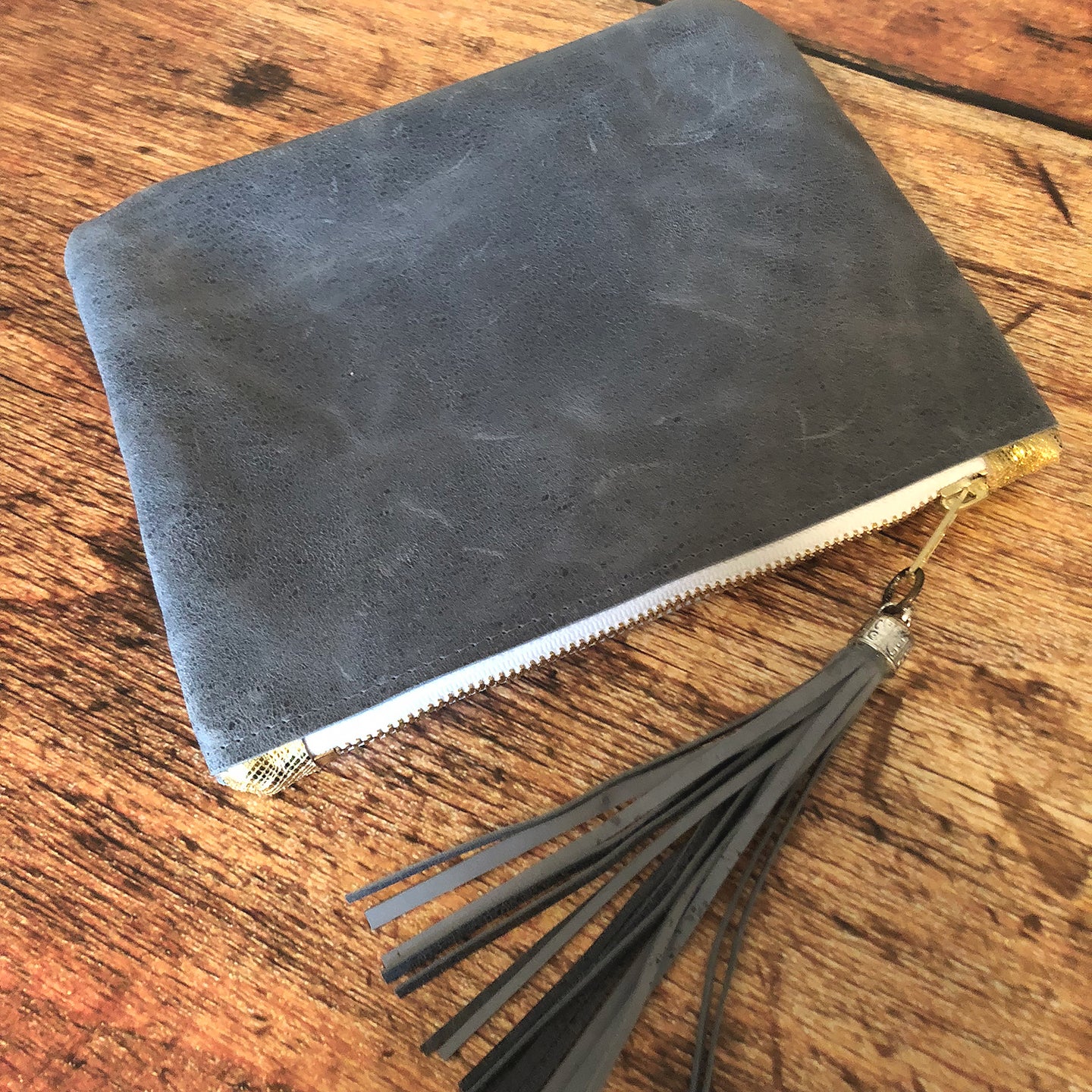 Distressed Grey Leather Cosmetic Bag/Clutch with Tassel - N.Kluger Designs clutch