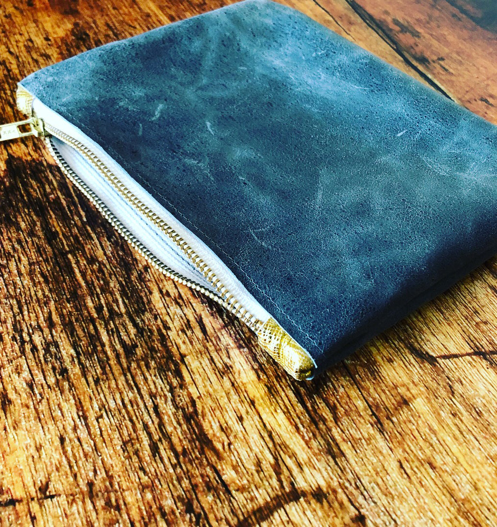 Distressed Grey Leather Cosmetic Bag/Clutch with Tassel - N.Kluger Designs clutch