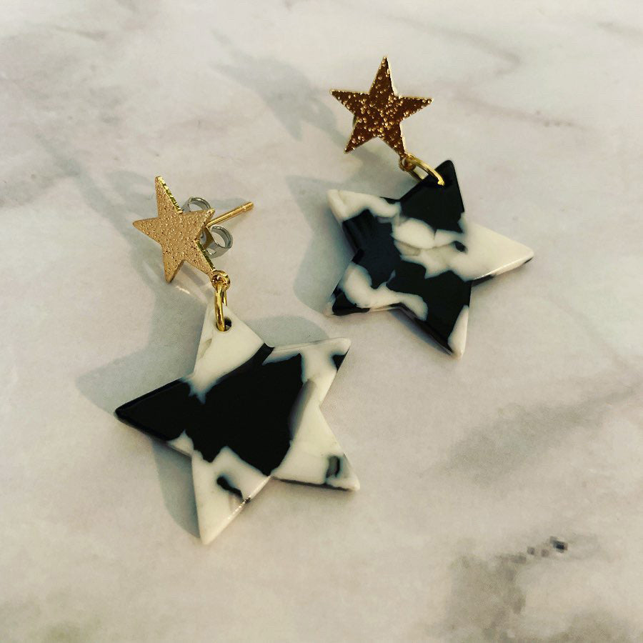 Black , White & Gold Acrylic Stars Dangling Earrings