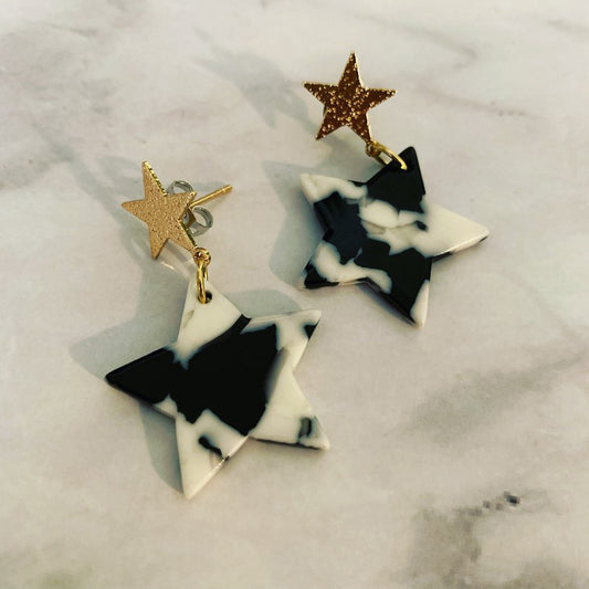 Black , White & Gold Acrylic Stars Dangling Earrings