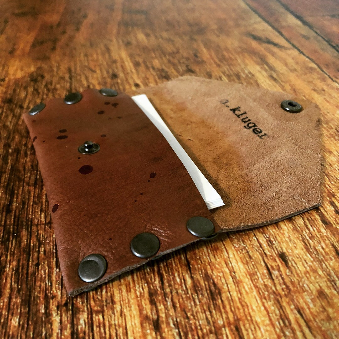 Red Speckled Handmade Brown Leather Business Card Case/Wallet - N.Kluger Designs Card Case