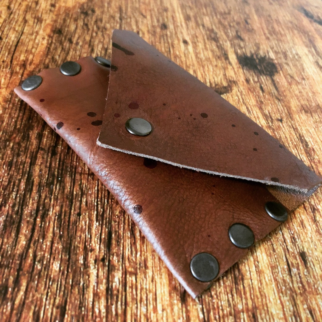 Red Speckled Handmade Brown Leather Business Card Case/Wallet - N.Kluger Designs Card Case