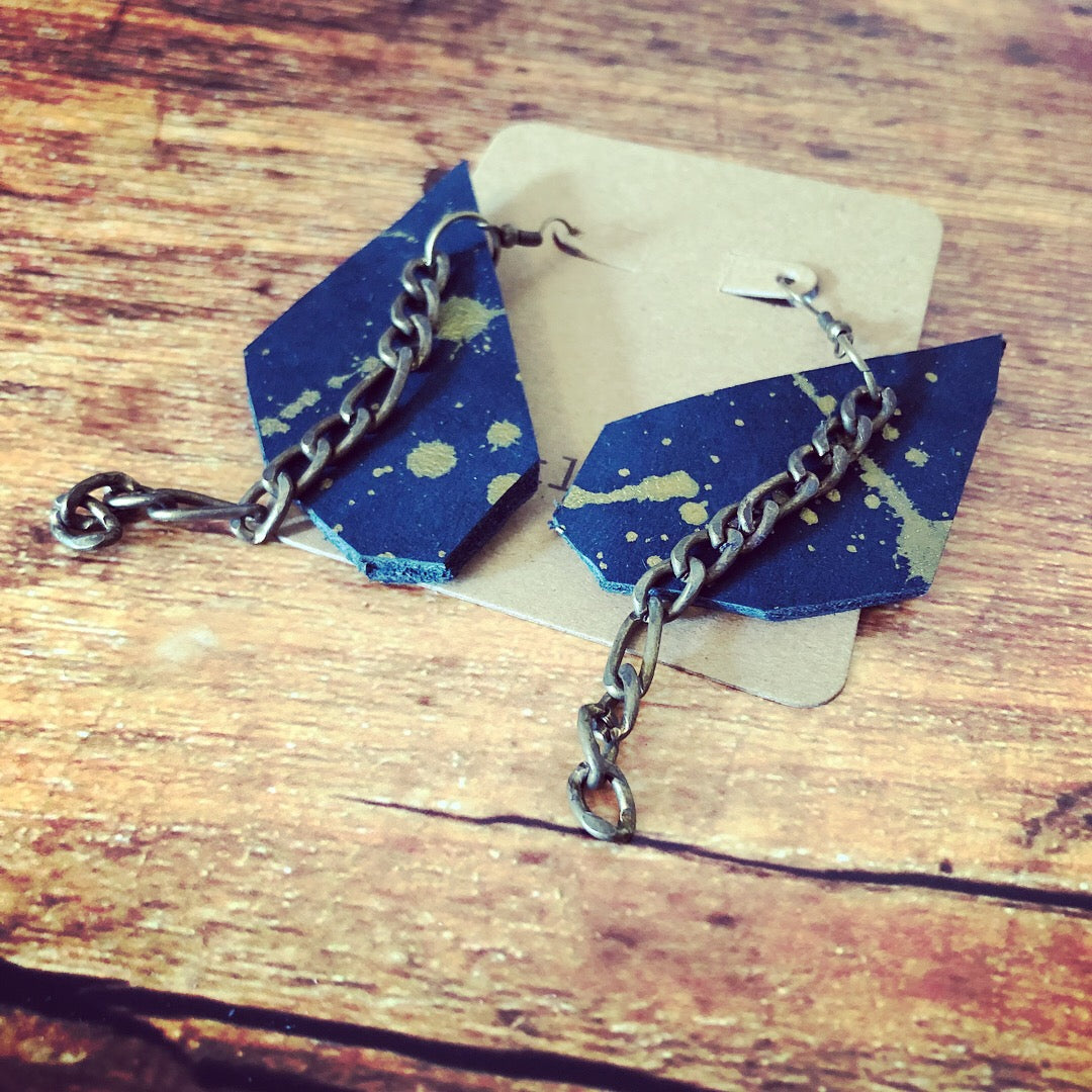 Abstract Navy & Gold Splatter Leather Dangle Earrings - N.Kluger Designs Earrings