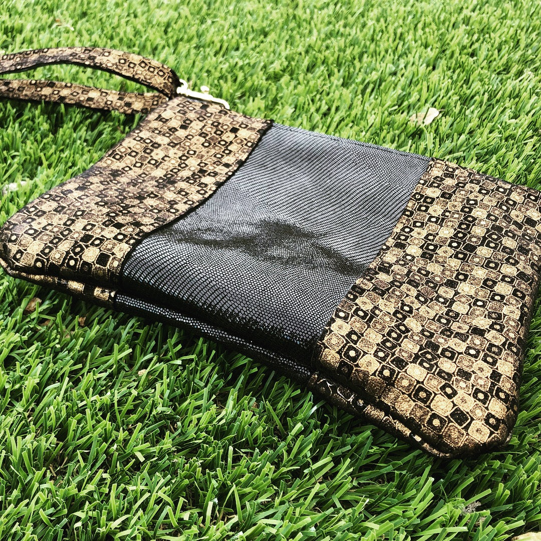 Shimmery Black & Gold Leather Evening Clutch/Wristlet - N.Kluger Designs clutch