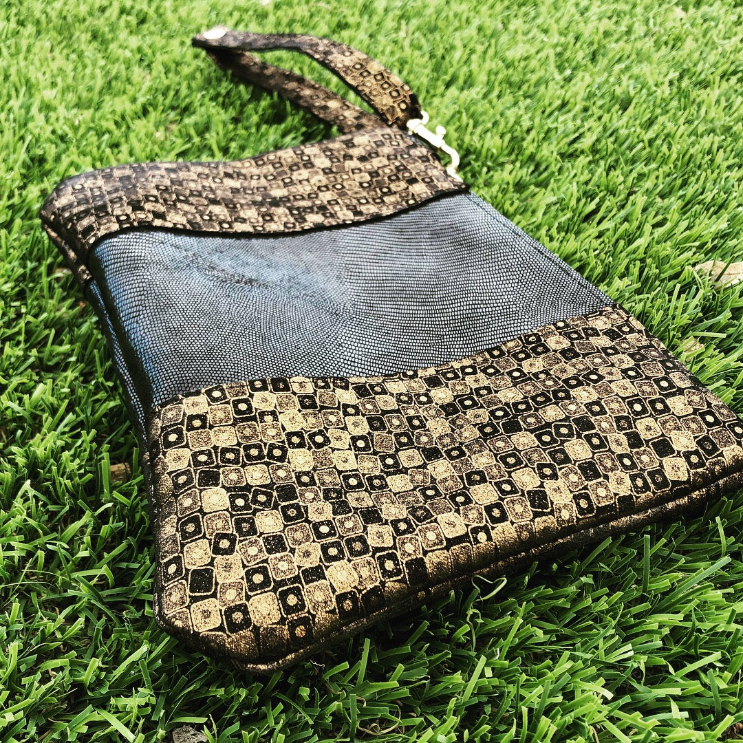 Shimmery Black & Gold Leather Evening Clutch/Wristlet - N.Kluger Designs clutch