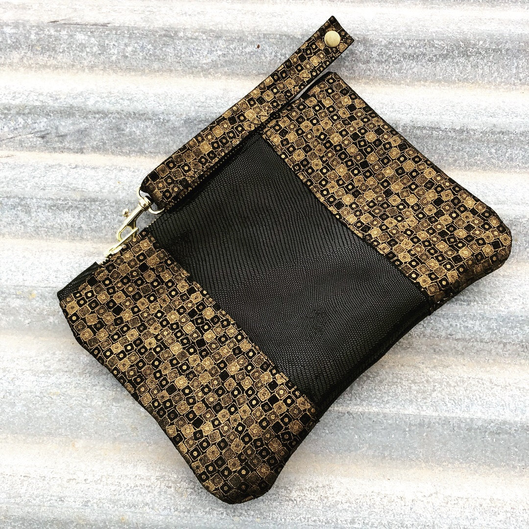Shimmery Black & Gold Leather Evening Clutch/Wristlet - N.Kluger Designs clutch