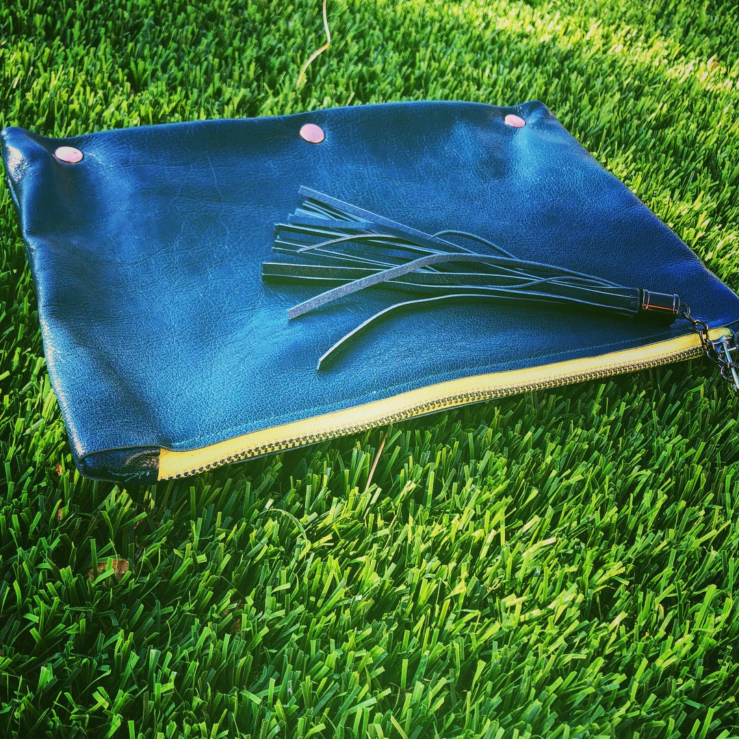 Fun Dark Teal Leather Clutch w/Yellow Zipper - N.Kluger Designs clutch