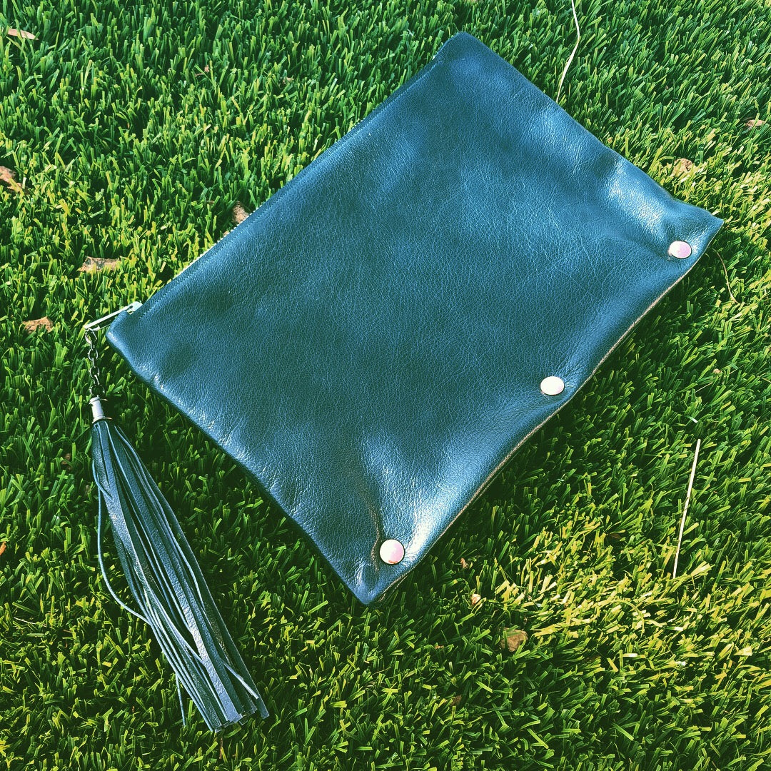 Fun Dark Teal Leather Clutch w/Yellow Zipper - N.Kluger Designs clutch