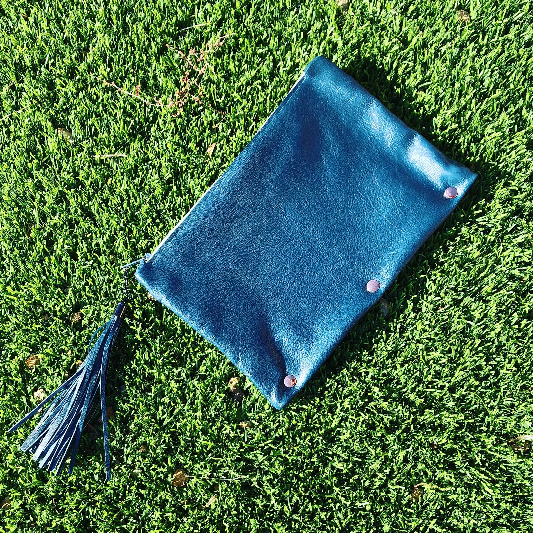 Fun Dark Teal Leather Clutch w/Yellow Zipper - N.Kluger Designs clutch