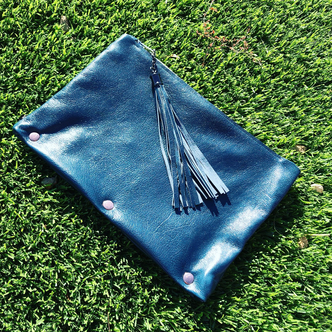 Fun Dark Teal Leather Clutch w/Yellow Zipper - N.Kluger Designs clutch