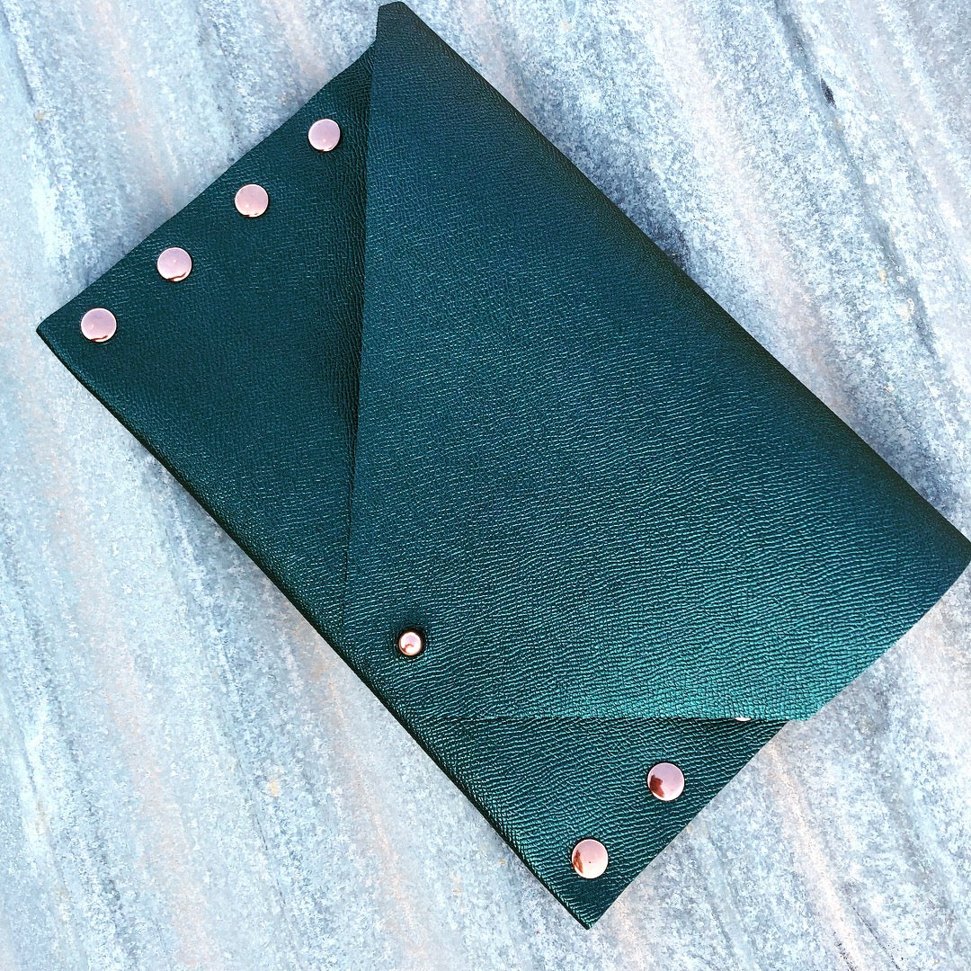2nd Edition Shimmering Green/Blue Leather Clutch with Rose Gold Rivets - N.Kluger Designs clutch