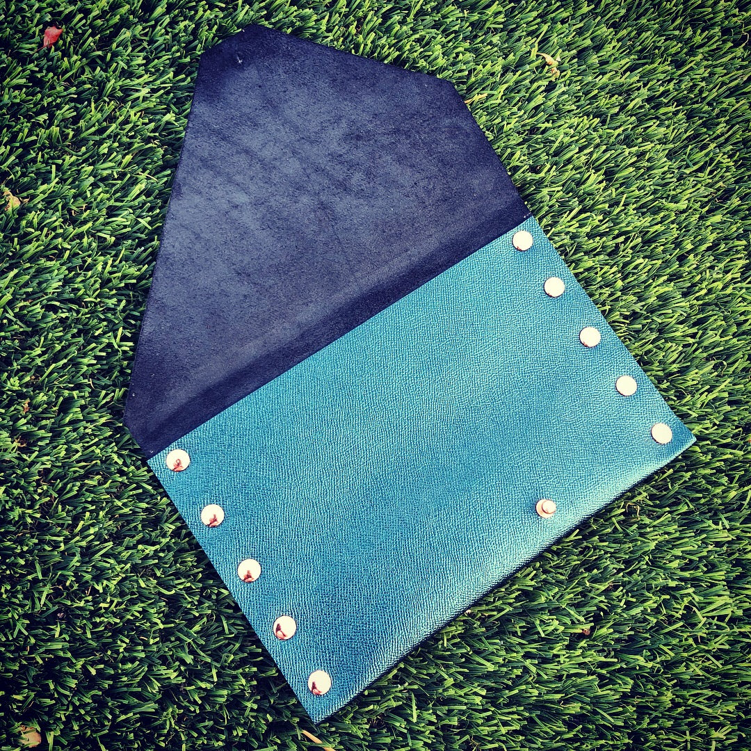 2nd Edition Shimmering Green/Blue Leather Clutch with Rose Gold Rivets - N.Kluger Designs clutch