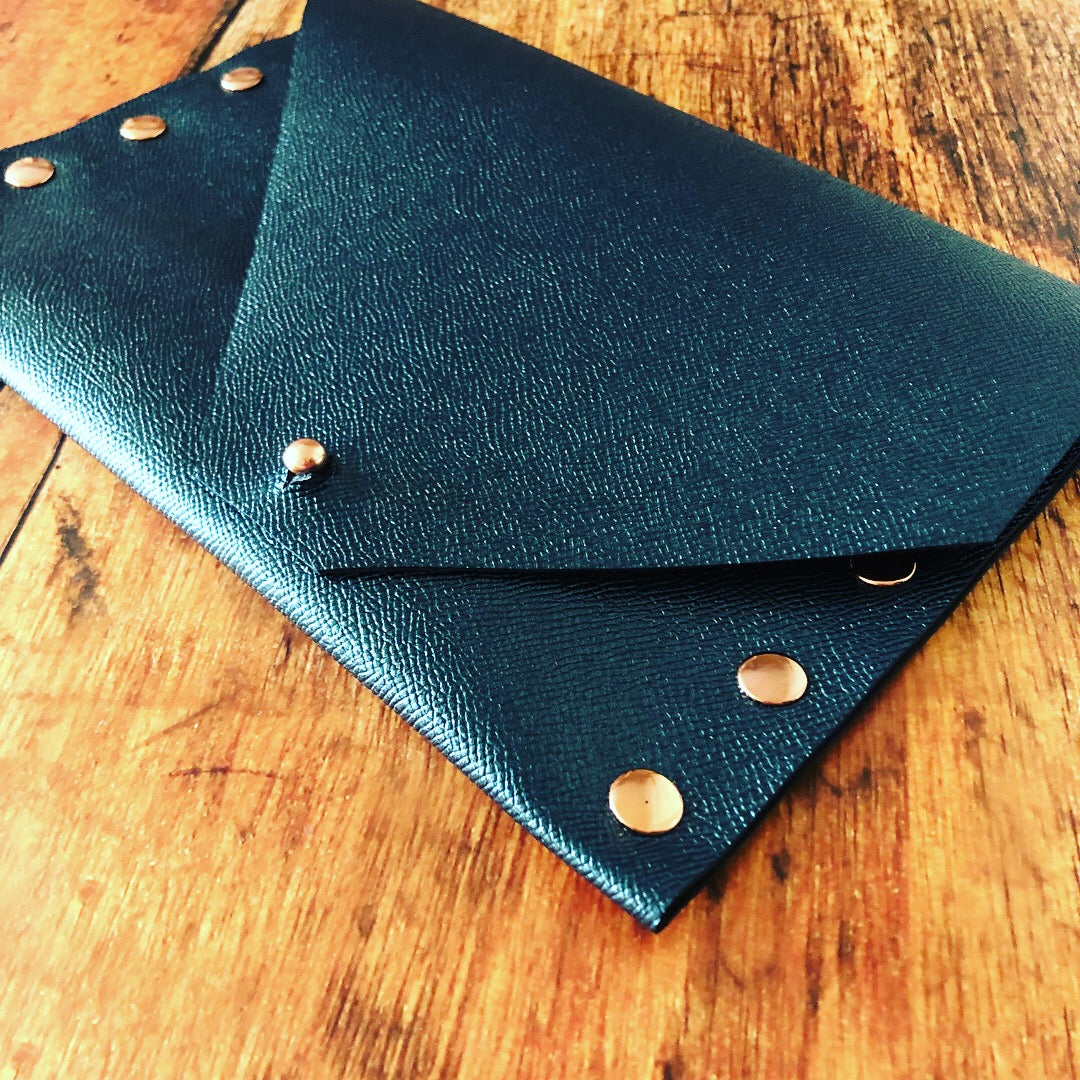 2nd Edition Shimmering Green/Blue Leather Clutch with Rose Gold Rivets - N.Kluger Designs clutch