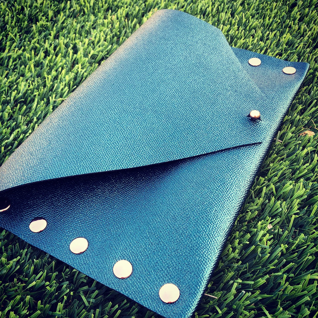 2nd Edition Shimmering Green/Blue Leather Clutch with Rose Gold Rivets - N.Kluger Designs clutch