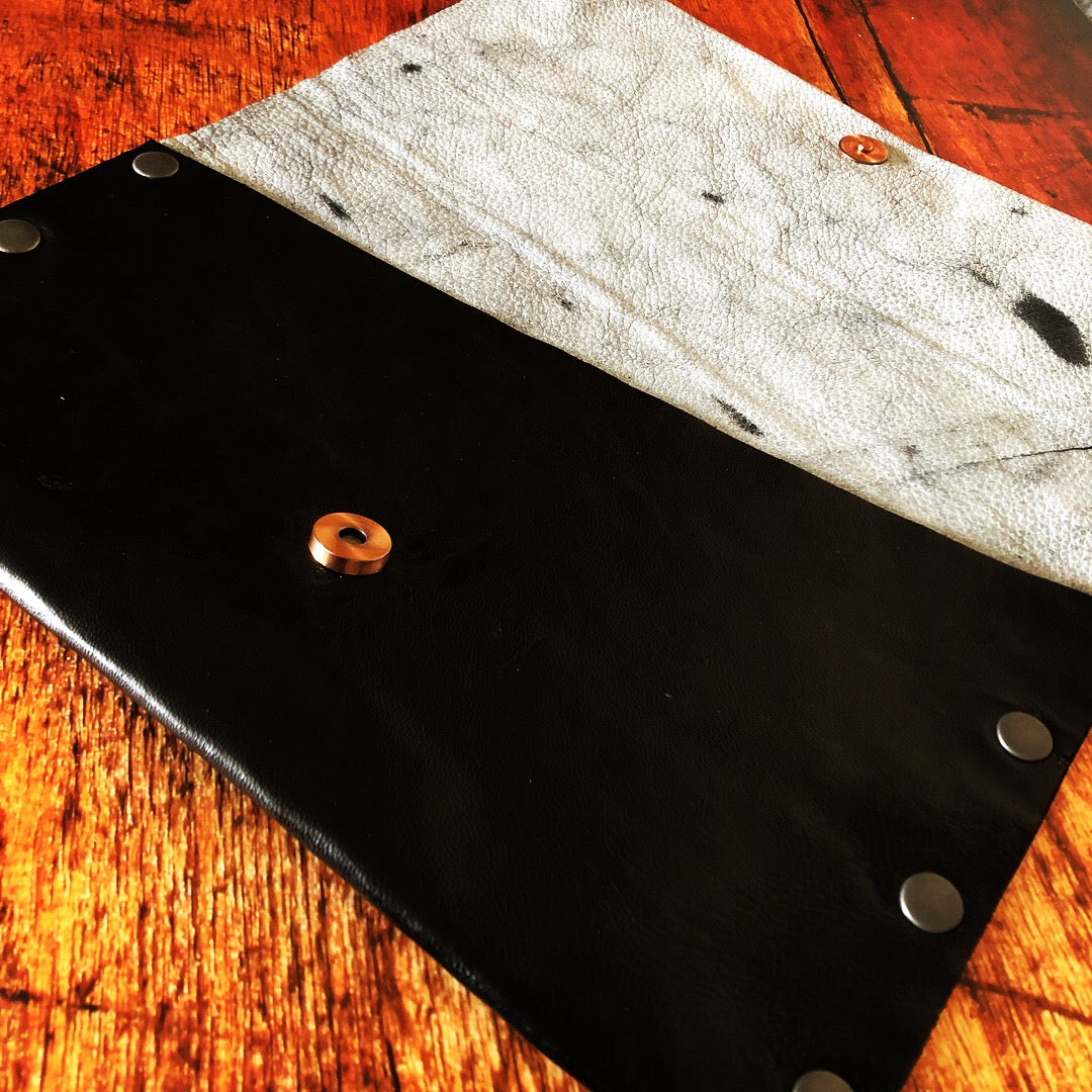 Black Genuine Leather Clutch with B+W Leather Interior - N.Kluger Designs clutch