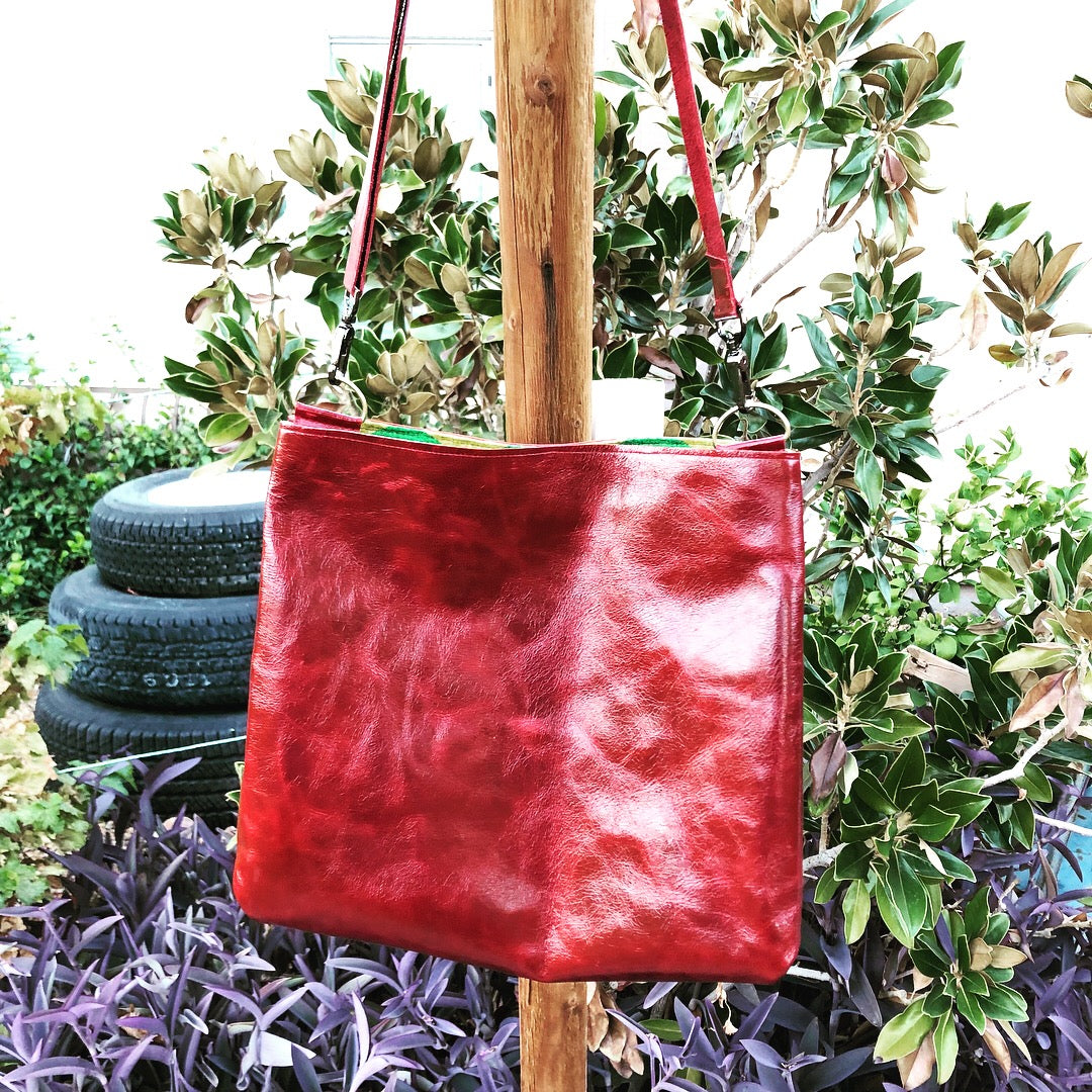 Rainbow-Lined Red Leather Shoulder/Cross-Body Bag - N.Kluger Designs totebag