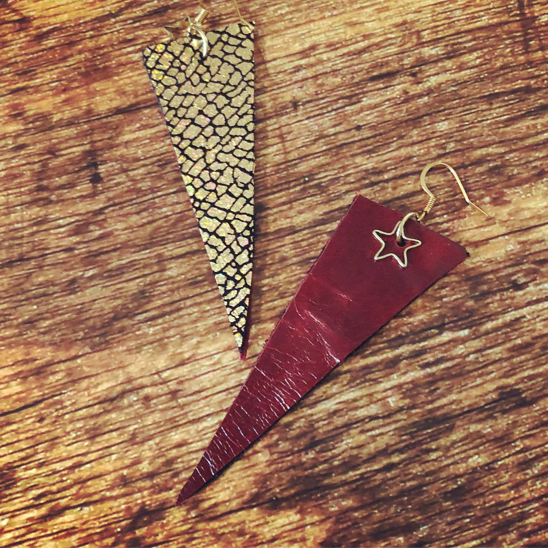 Red & Gold Leather Dangle Superstar Earrings - N.Kluger Designs Earrings