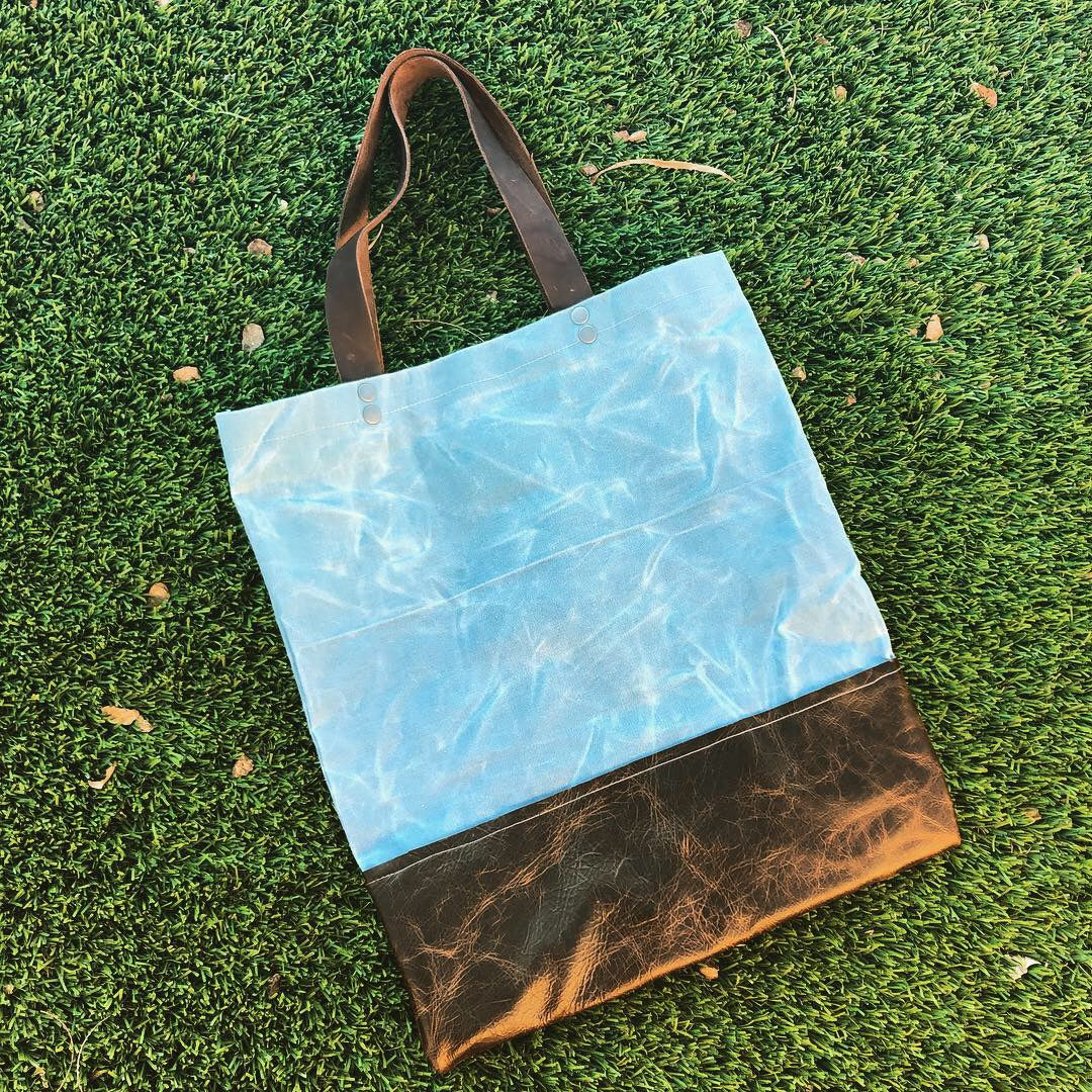 Large Blue Waxed Canvas and Brown Leather Tote Bag - N.Kluger Designs totebag