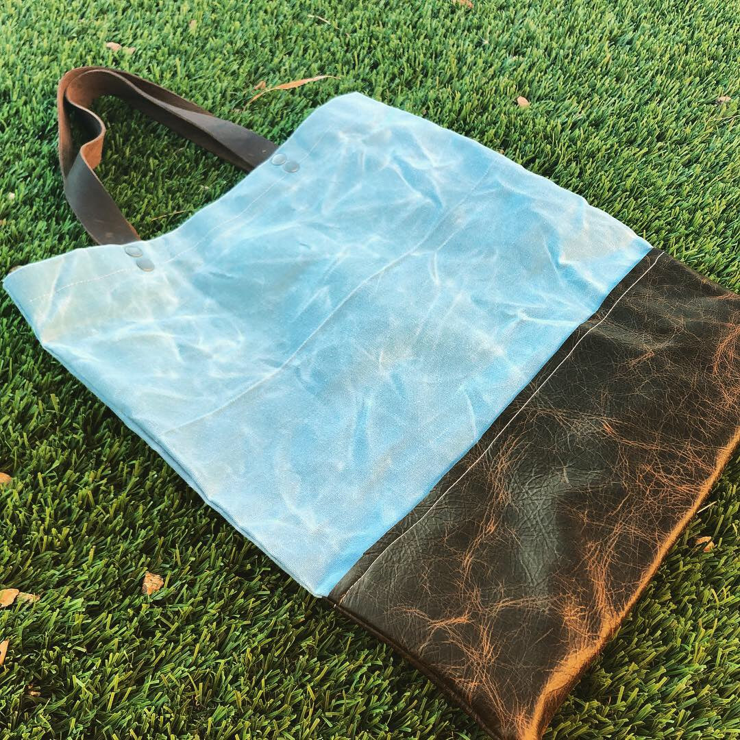 Large Blue Waxed Canvas and Brown Leather Tote Bag - N.Kluger Designs totebag