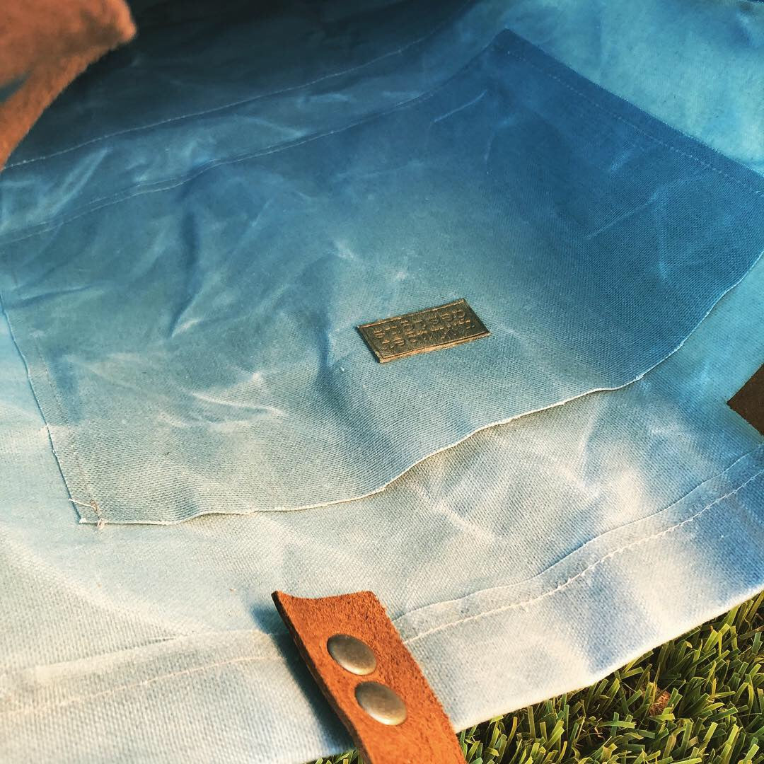 Large Blue Waxed Canvas and Brown Leather Tote Bag - N.Kluger Designs totebag