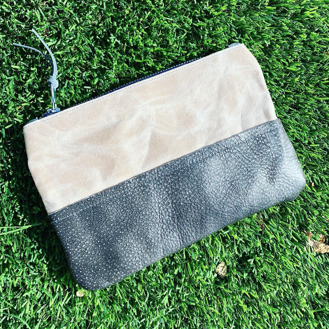 Waxed Canvas and Grey Leather Cosmetic/Toiletry Bag