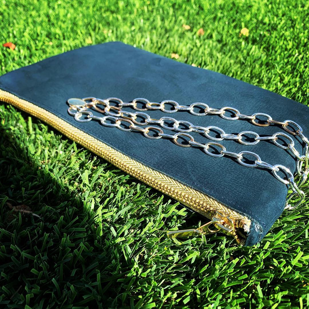 Navy Leather Chain Clutch