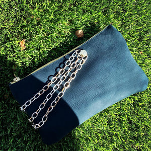 Navy Leather Chain Clutch