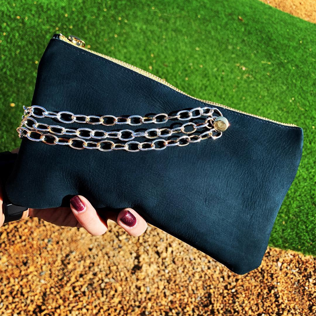 Navy Leather Chain Clutch