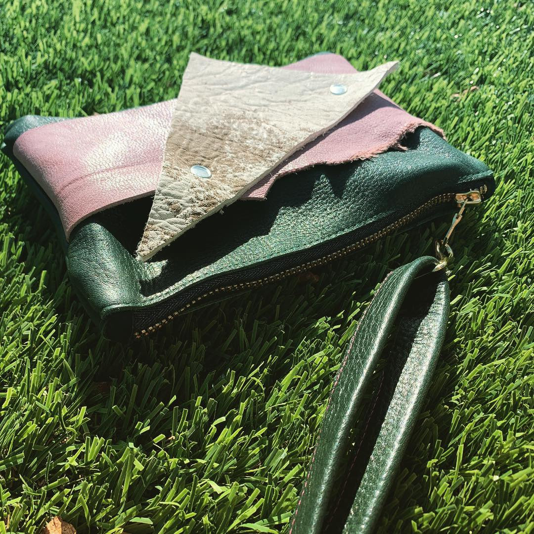 Abstract Mini Green Leather Clutch Wristlet - N.Kluger Designs clutch