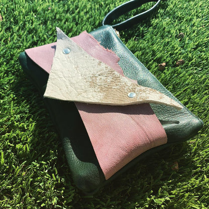 Abstract Mini Green Leather Clutch Wristlet - N.Kluger Designs clutch