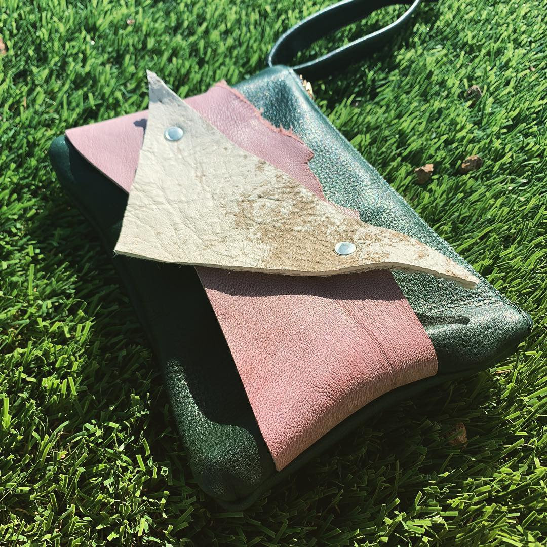 Abstract Mini Green Leather Clutch Wristlet - N.Kluger Designs clutch