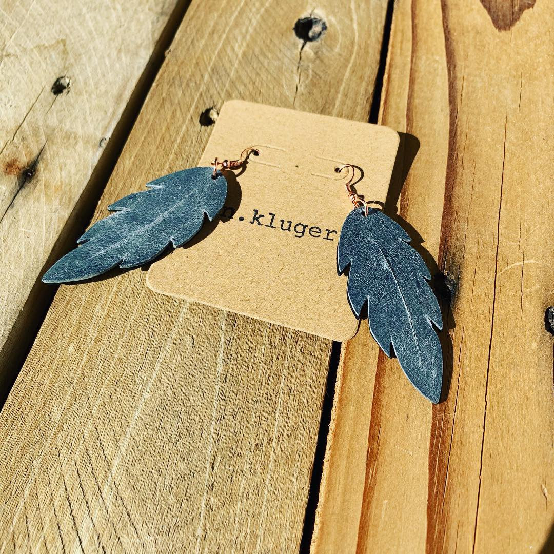 Distressed Grey Leather Feather Drop Earrings - N.Kluger Designs Earrings