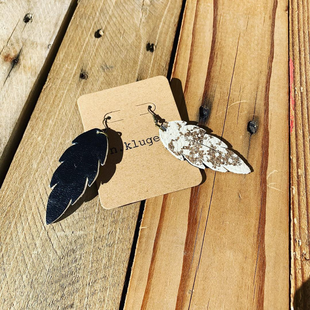 Speckled Cow Print Leather Feather Earrings