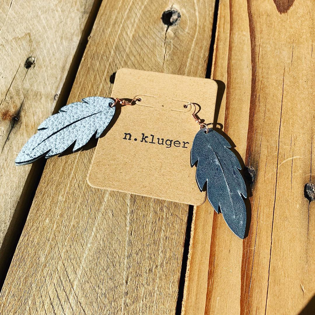 Distressed Grey Leather Feather Drop Earrings - N.Kluger Designs Earrings